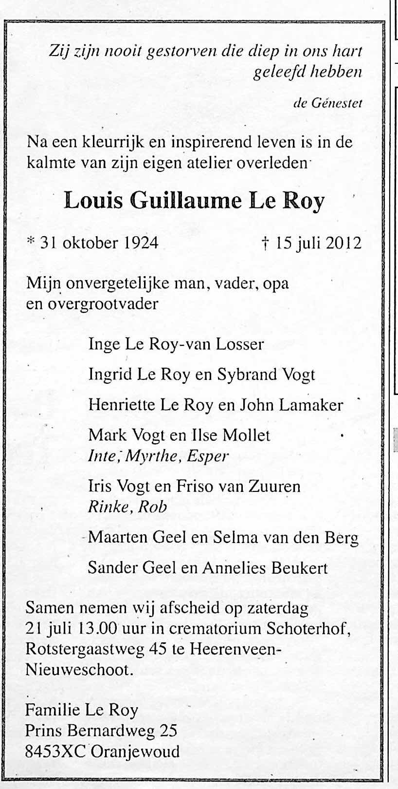 overlijdensadvertentie Louis le Roy